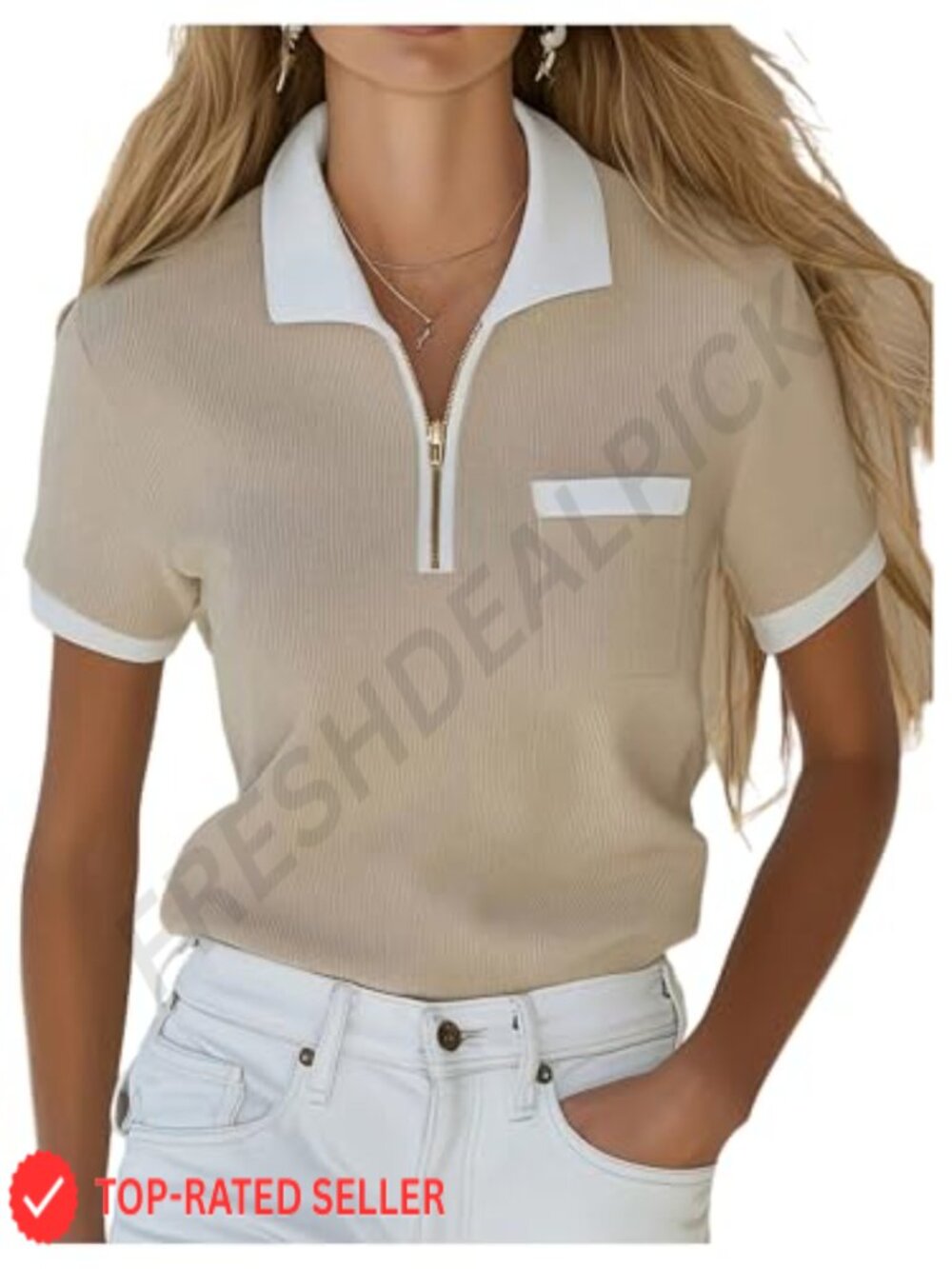 Verdusa Women's Half Zip Collared Polo Shirt Chest Pocket Short Sleeve